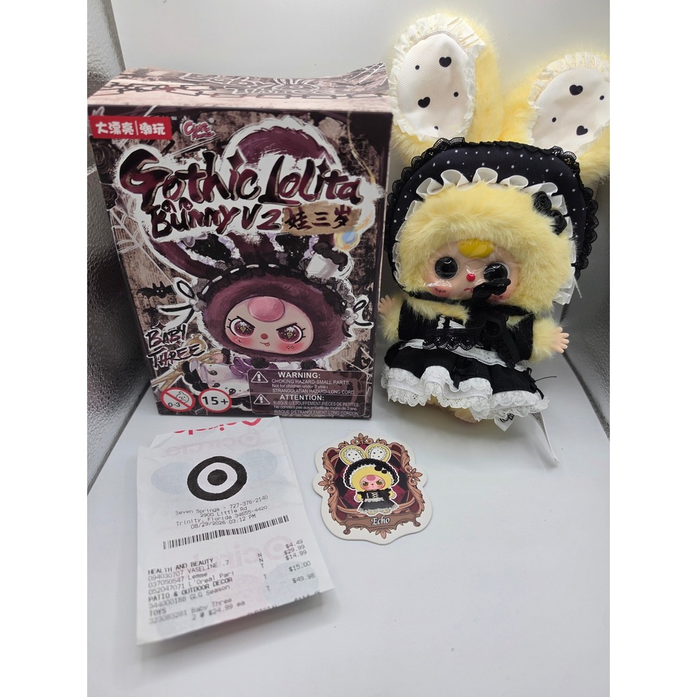 Baby Three Gothic Lolita Bunny V2 Echo Plush Doll Yellow Black Lace Art Toy